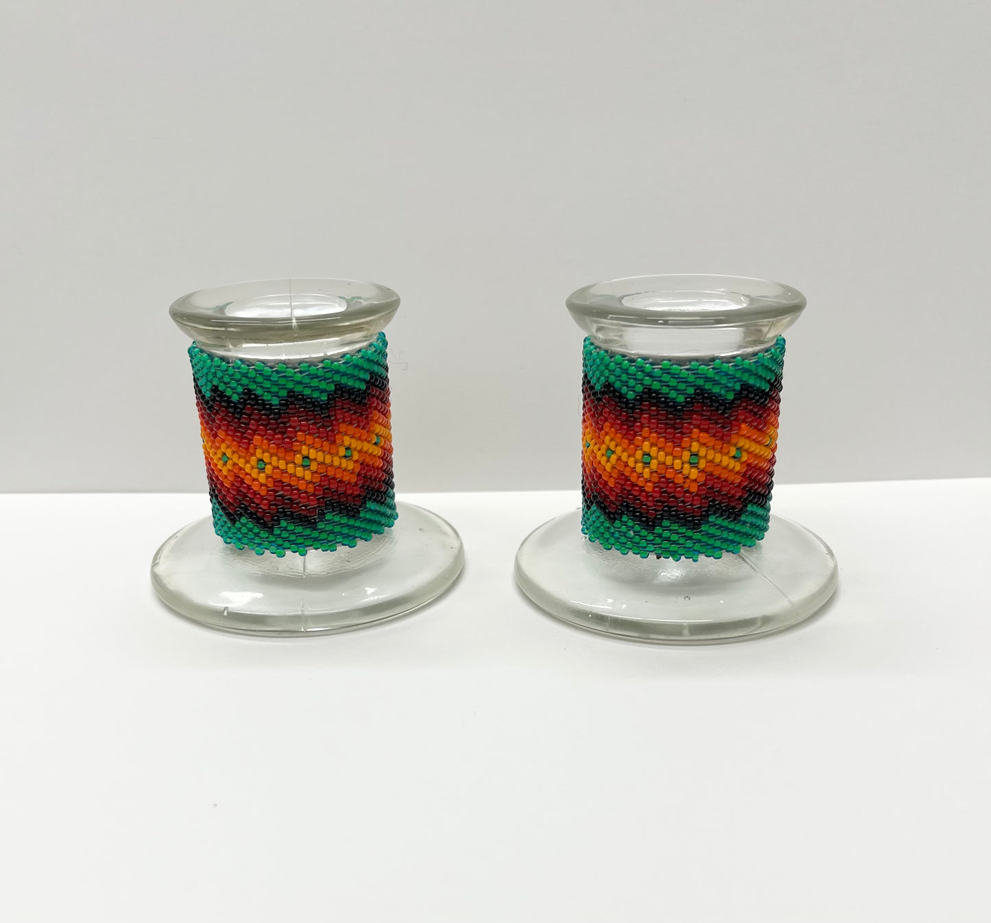 Glass Beaded Candlesticks; Kelly Green (set of 2)