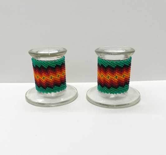 Glass Beaded Candlesticks; Kelly Green (set of 2)