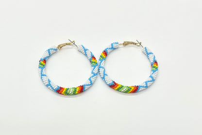 Large Beaded Hoop Earrings; White and Baby Blue