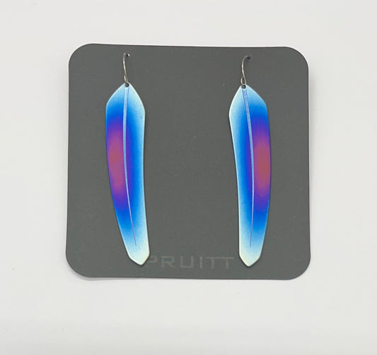 Pat Pruitt Titanium Large Feather Earrings Light Blue with Purple Center