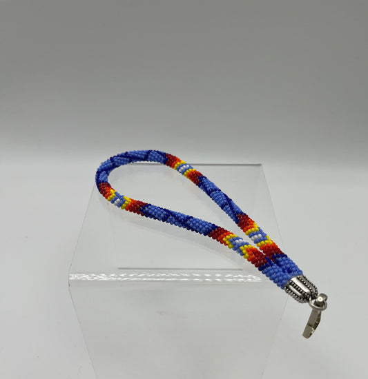 Beaded Keychain Wristlet; Cornflower Blue with Red and Yellow Detail