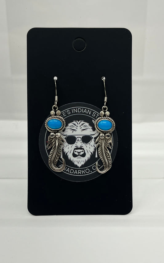 Blue Turquoise and Sterling Silver Earrings with Feather Detail