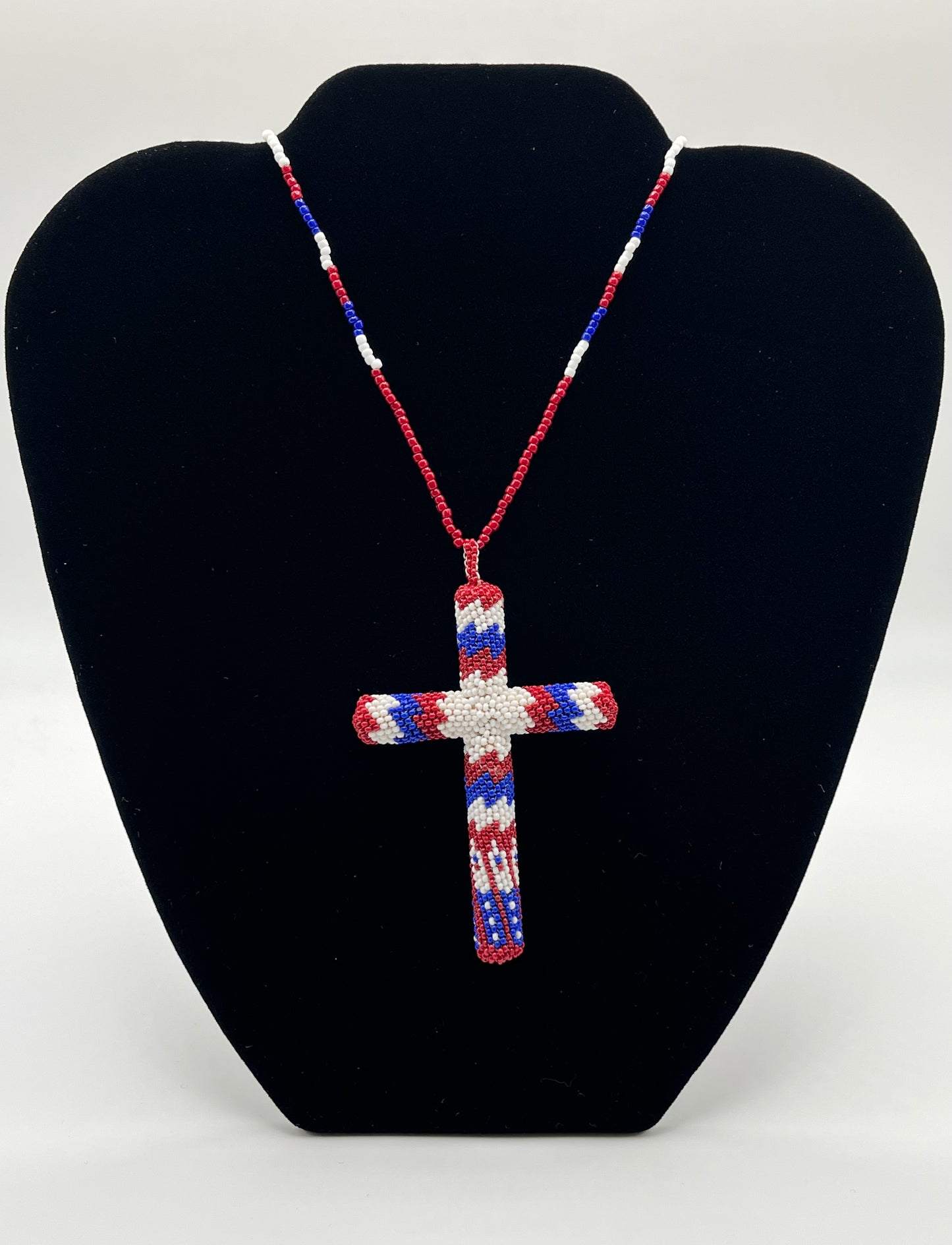 Beaded Cross Red, White and Blue detail