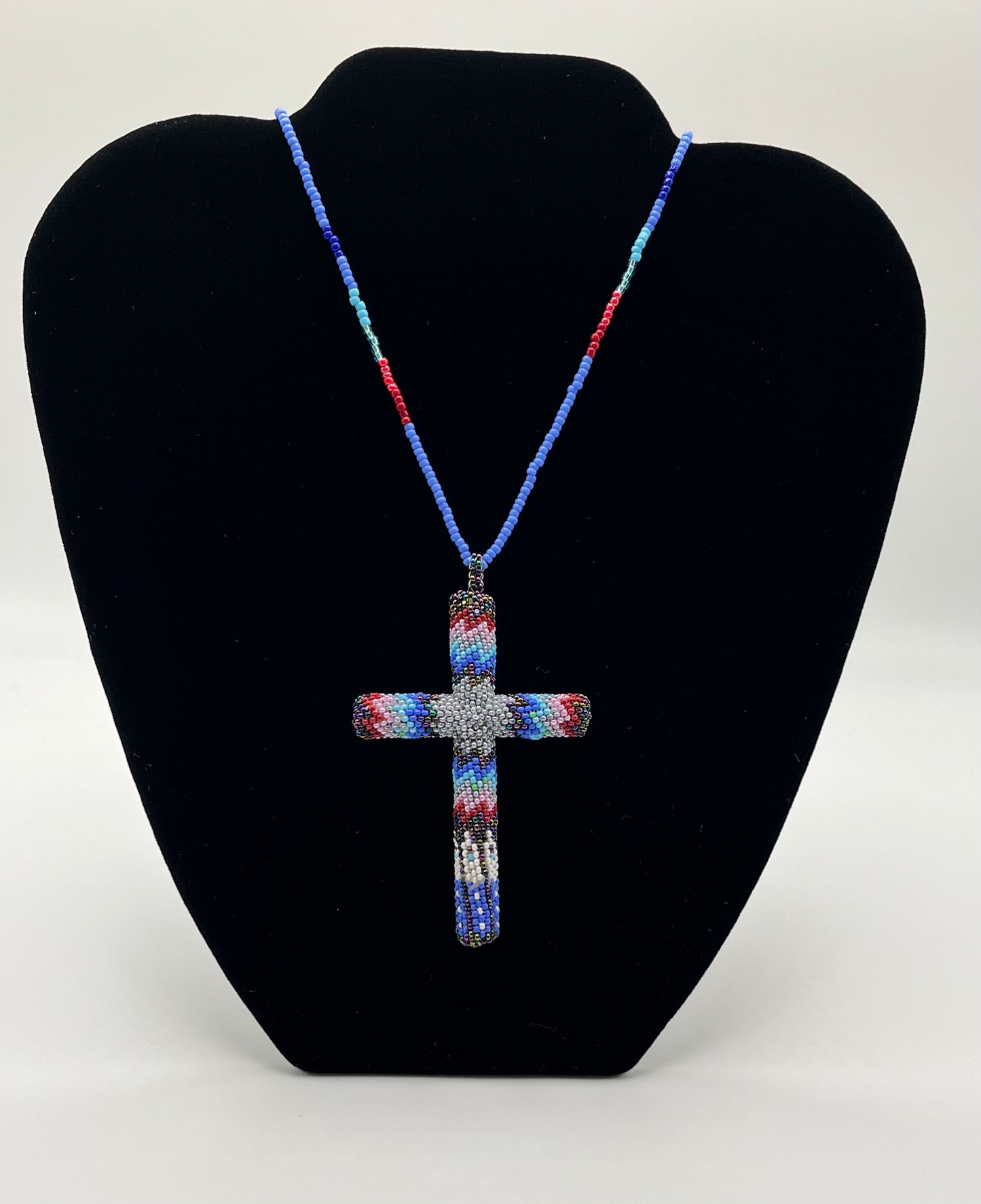 Beaded Cross Grey with Pink and Blue detail