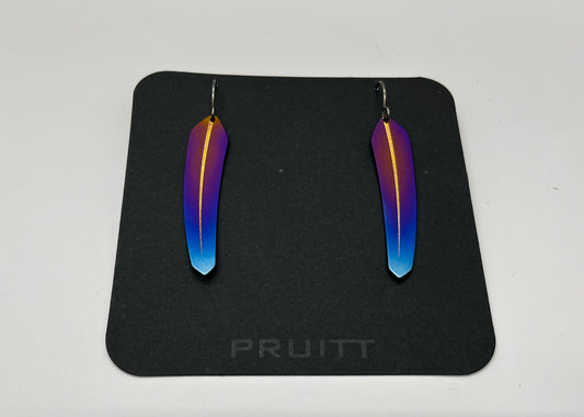 Pat Pruitt Titanium Small Feather Earrings Purple with Dark Blue and Light Blue Tips