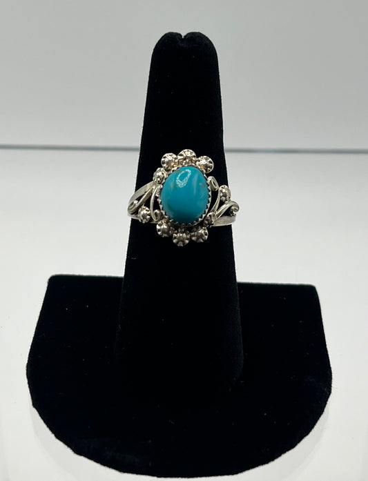 Turquoise and Sterling Silver Ring with Floral Detail; Size 7.75