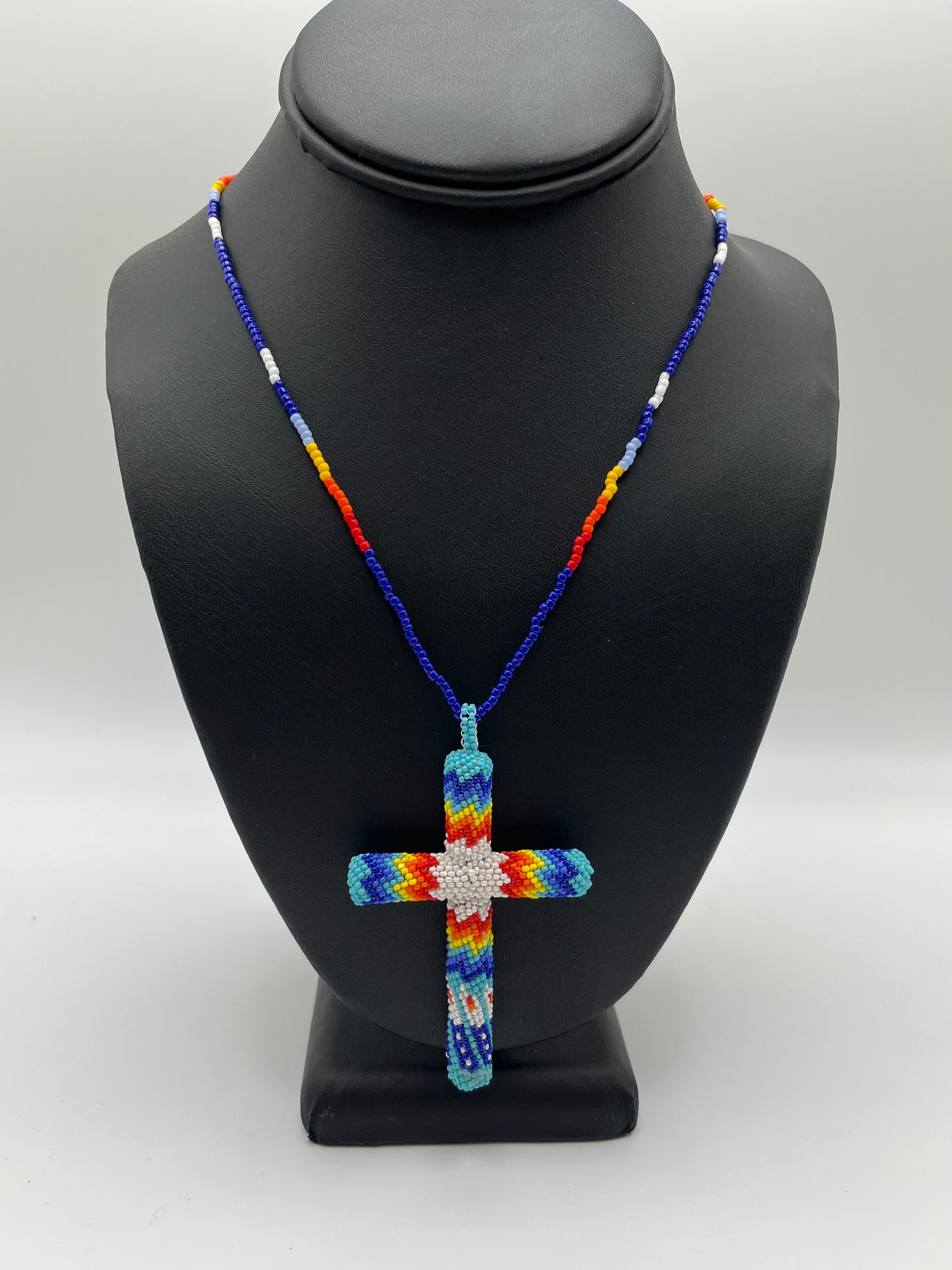 Beaded Cross; Aqua with White and Blue Detail