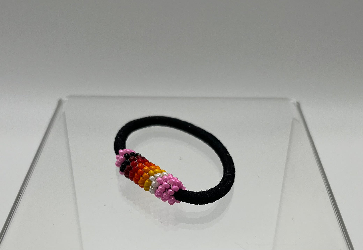 Beaded Hair Tie; Black with Pink Beadwork