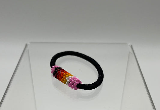 Beaded Hair Tie; Black with Pink Beadwork