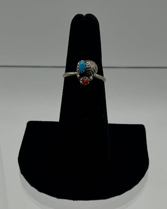 Petite Turquoise, Coral and Sterling Silver; Size 7