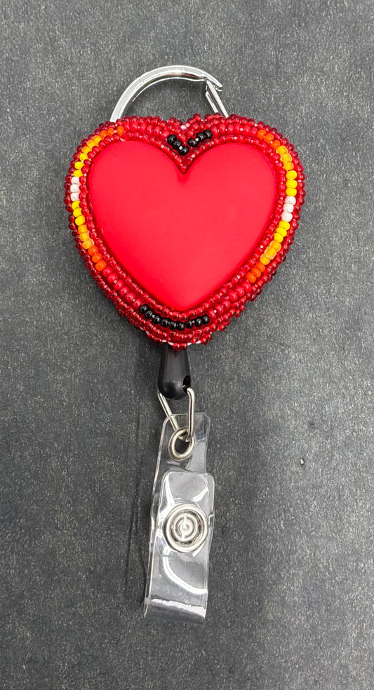 Beaded Retractable ID/Badge Holder; Red Heart