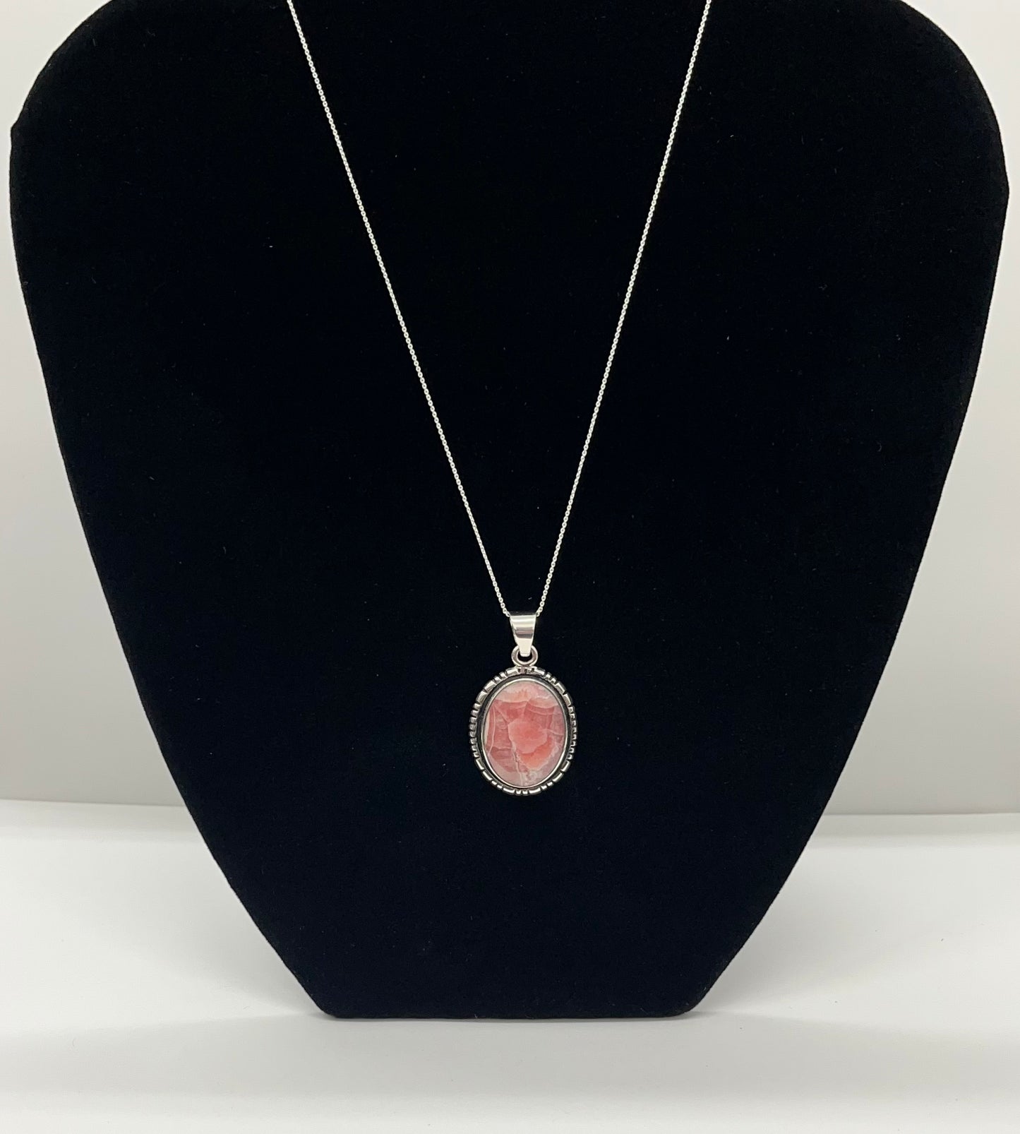 Rhodochrosite and Sterling Silver, Oval Shaped Pendant with chain