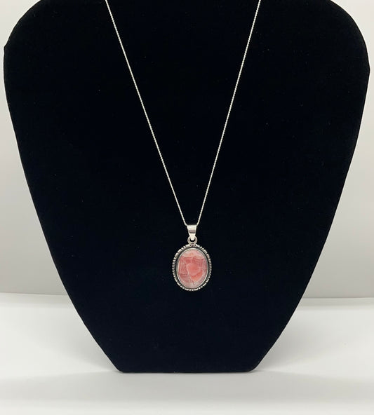 Rhodochrosite and Sterling Silver, Oval Shaped Pendant with chain