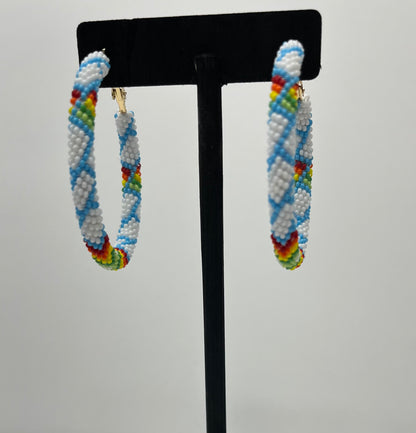 Large Beaded Hoop Earrings; White and Baby Blue