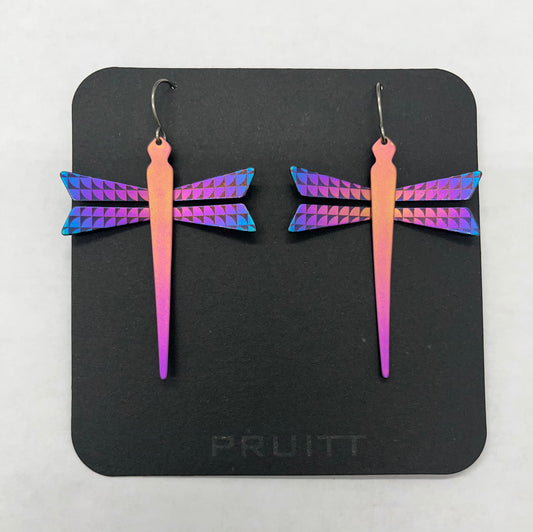 Pat Pruitt Dragonfly Titanium Earrings Pink and Iridescent