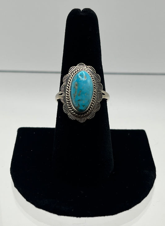 Kingman Turquoise and Sterling Silver Oval Shaped Ring with Floral Detail; Size 8.75
