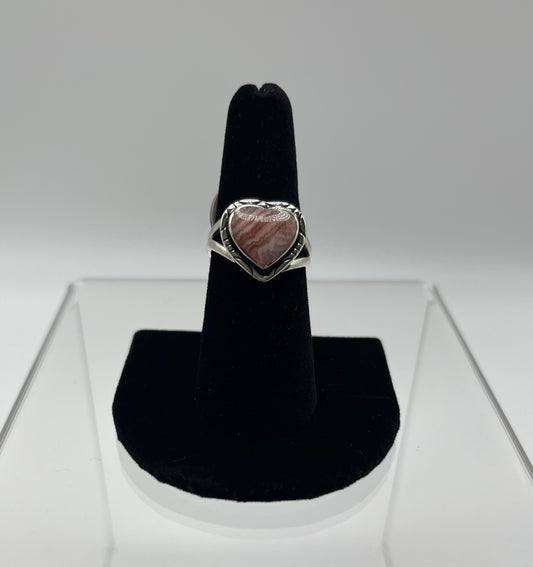 Rhodochrosite and Sterling Silver Heart Ring; size 7