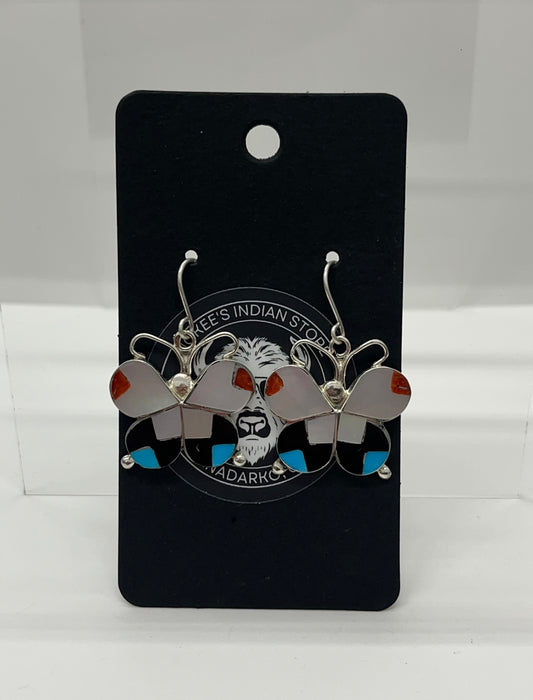 Mother of Pearl, Turquoise, Coral and Sterling Silver Butterfly 🦋 Earrings