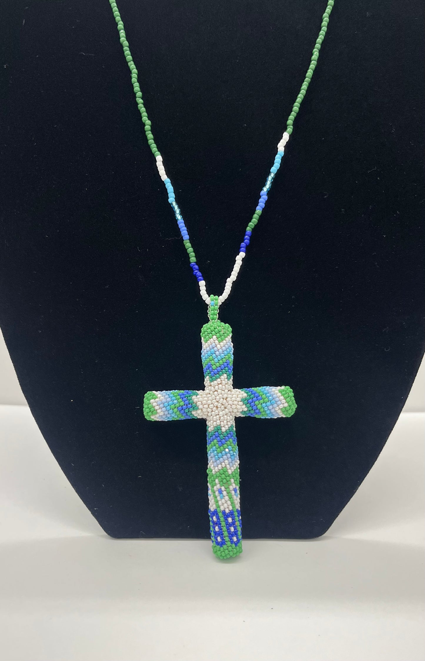 Beaded Cross; Light Blue, White, Green