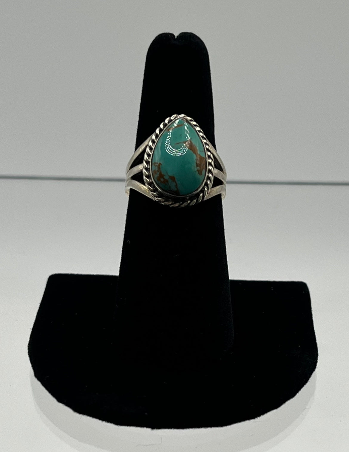 Green Turquoise and Sterling Silver Pear Shaped Ring; Size 7.5