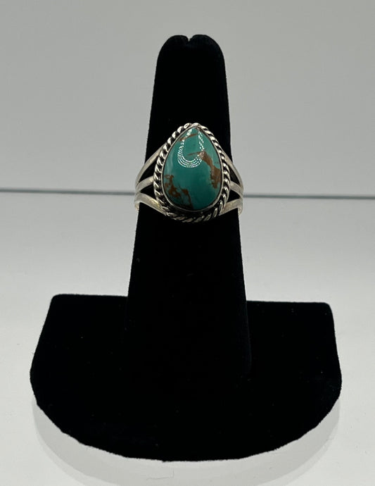 Green Turquoise and Sterling Silver Pear Shaped Ring; Size 7.5
