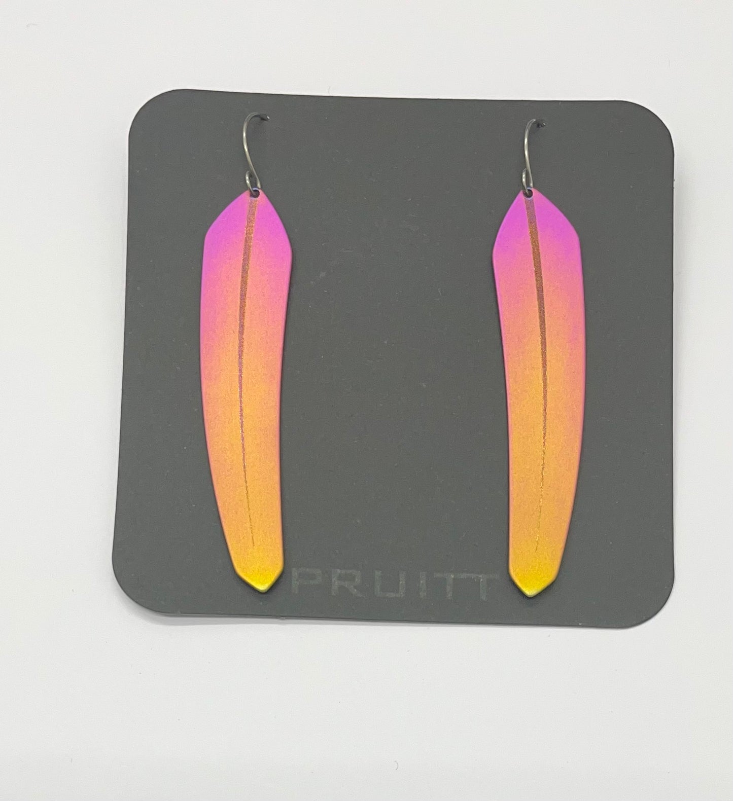 Pat Pruitt Titanium Large Feather Earrings Pink with Yellow Tips