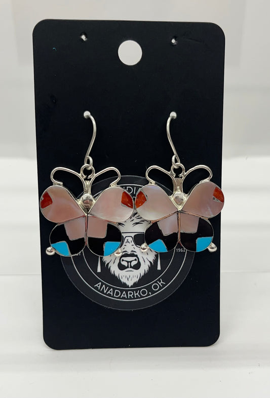 Pink Mother of Pearl, Turquoise, Coral and Sterling Silver Butterfly 🦋 Earrings