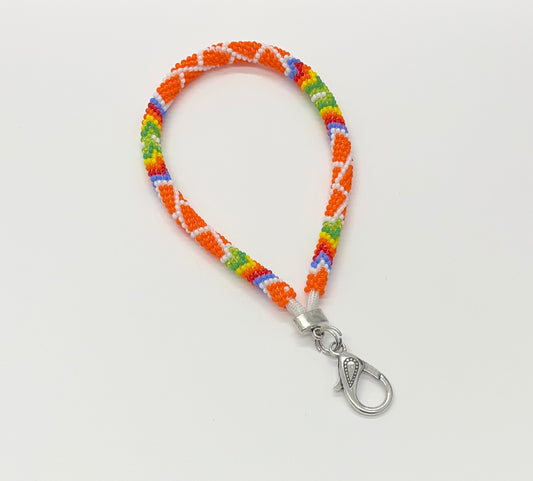 Beaded Wristlet Keychain; Orange and White