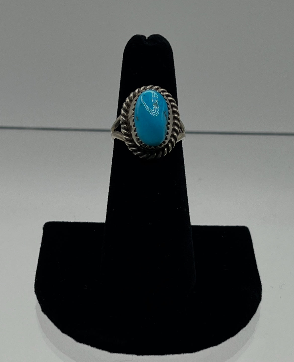 BlueTurquoise and Sterling Silver Ring with Twist Edge Detail; Size 6.5