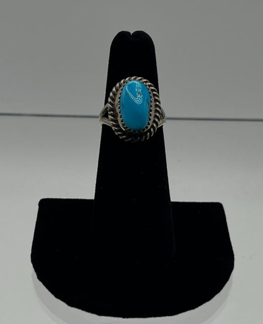 BlueTurquoise and Sterling Silver Ring with Twist Edge Detail; Size 6.5