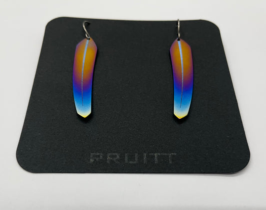 Pat Pruitt Titanium Small Feather Earrings Burnt Orange with Purple Blue and Silver Tips