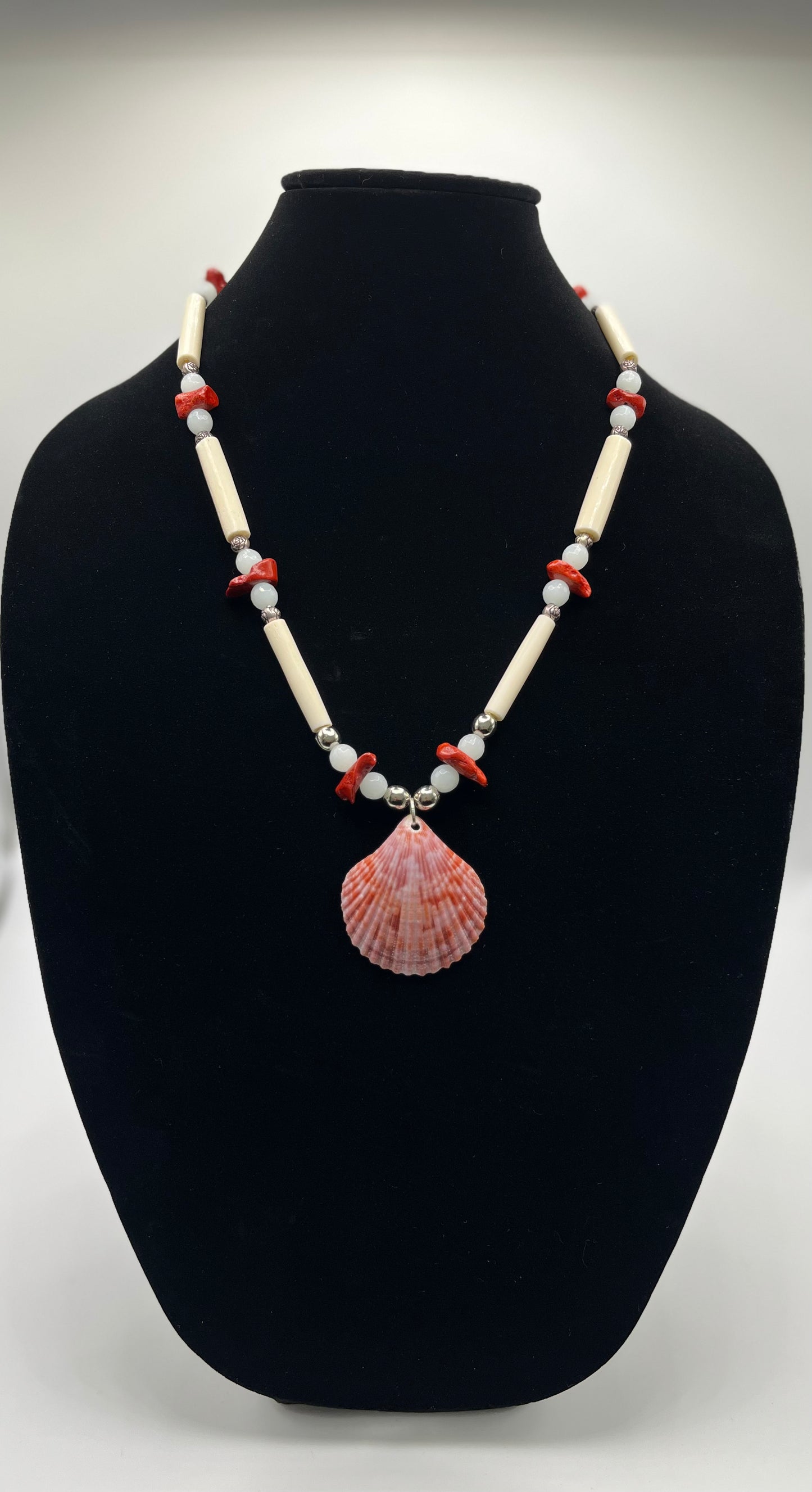 Bead and Bone Necklace with Shell; Red