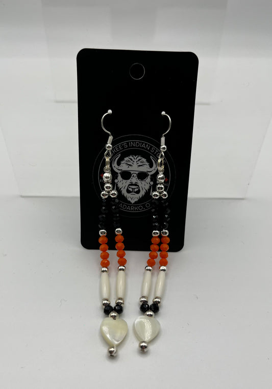 Bone and Bead Earrings with Heart Mother of Pearl Accent Black and Orange