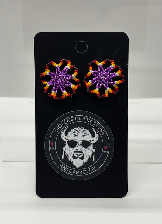Beaded Floral Earrings; Purple