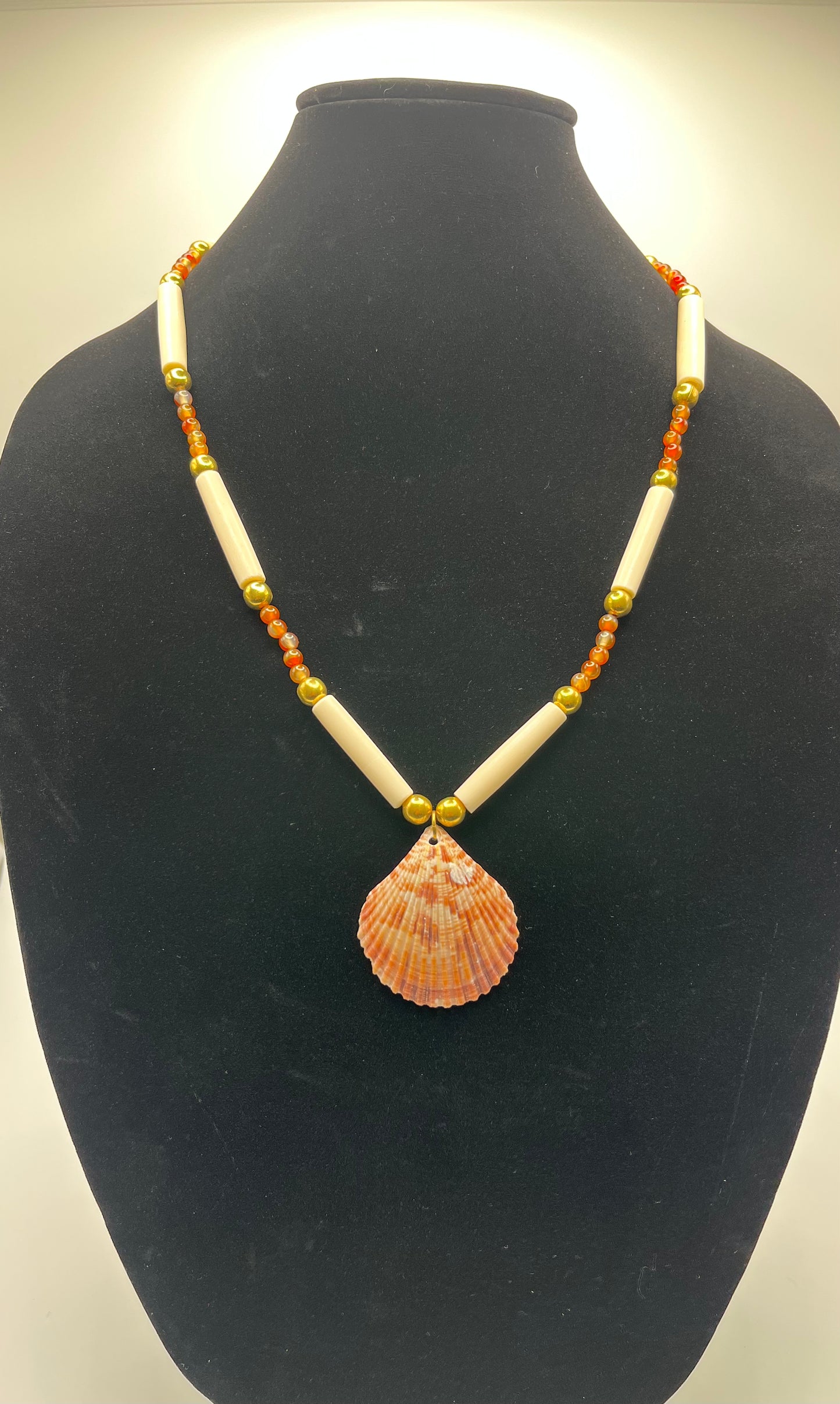 Bead and Bone Necklace with Shell; Amber