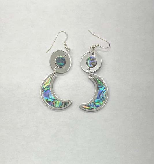 Silver and Abalone Crescent Moon acrylic earrings