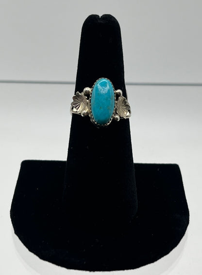 Blue Turquoise and Sterling Silver Ring with Flower Detail; Size 7.25