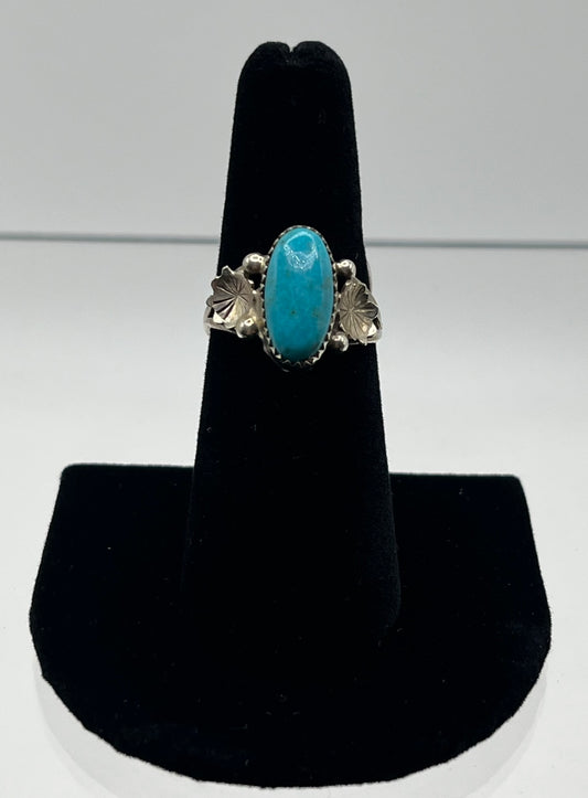 Blue Turquoise and Sterling Silver Ring with Flower Detail; Size 7.25