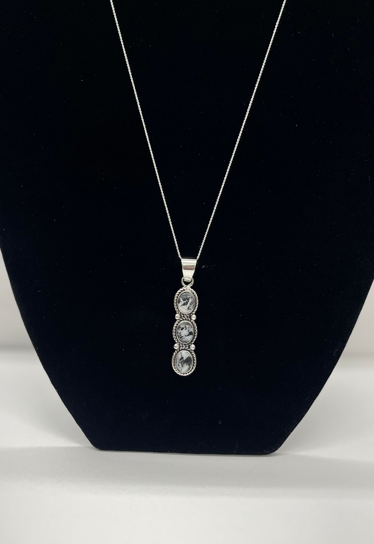 White Buffalo Turquoise and Sterling Silver 3 Tiered Pendant with chain