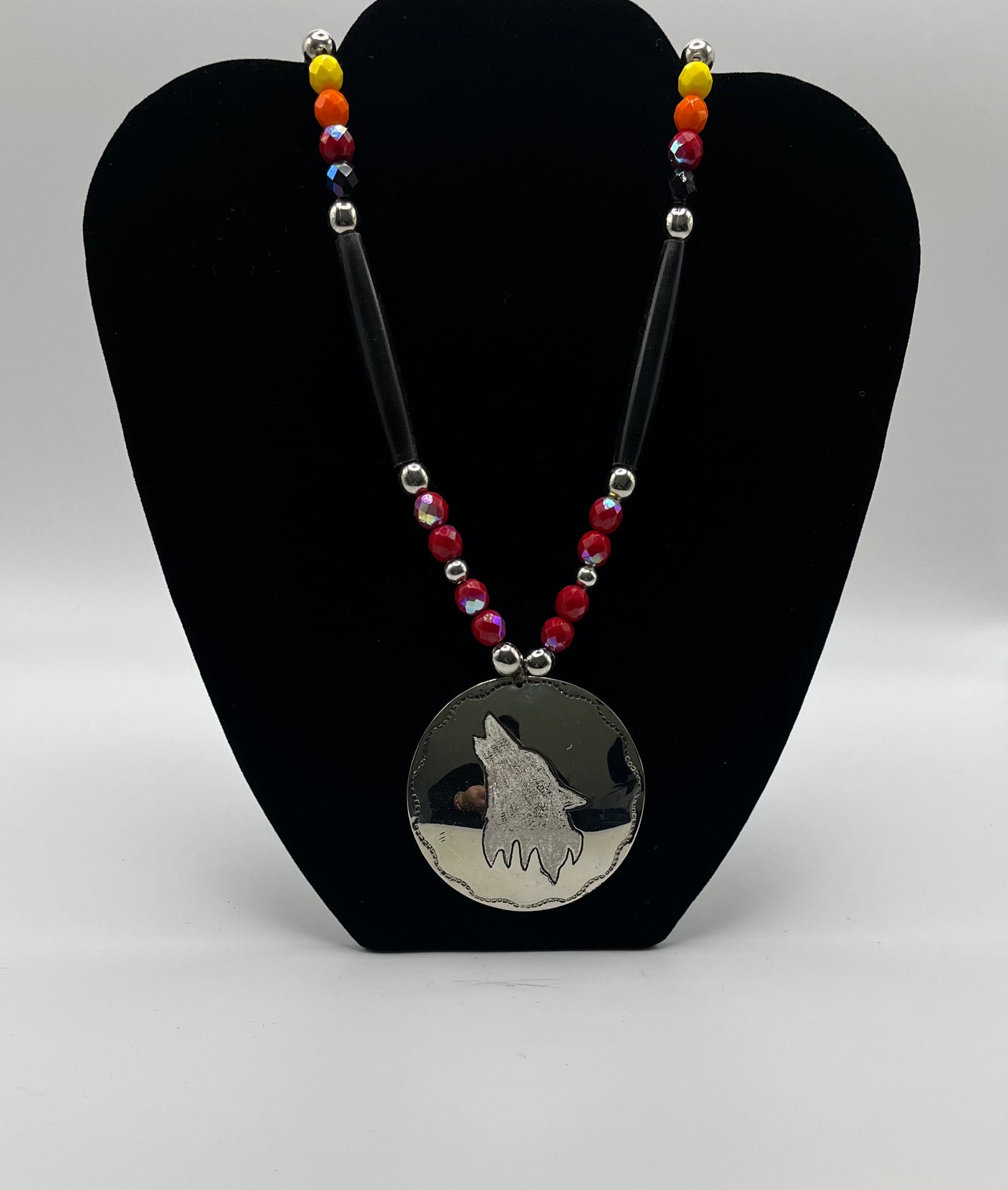 Charley Johnson German Silver Medallion with Bone and Beads; Wolf