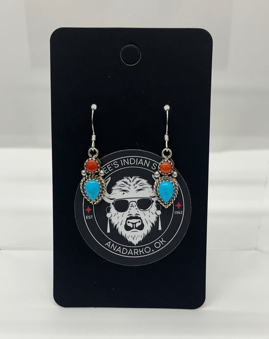 Blue Turquoise, Coral and Sterling Silver Earrings