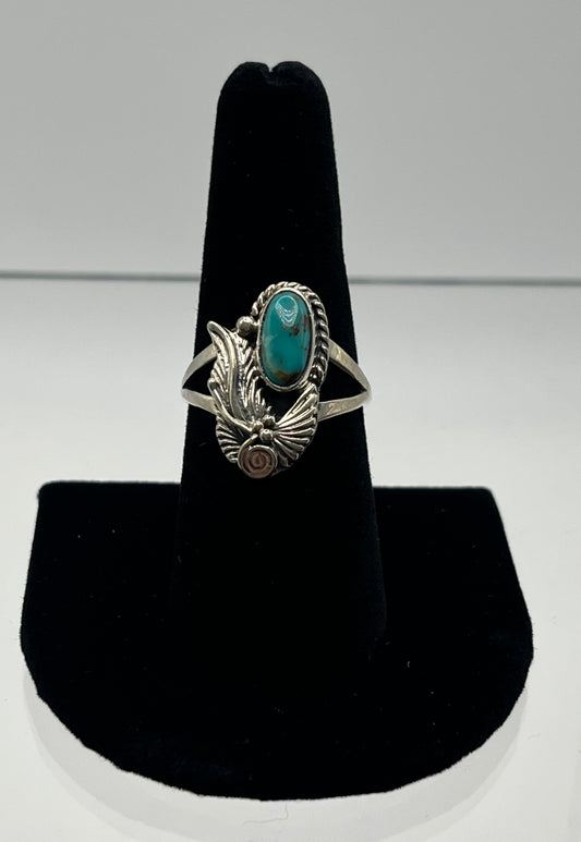 Turquoise and Sterling Silver Ring with Feather and Floral Detail; Size 9