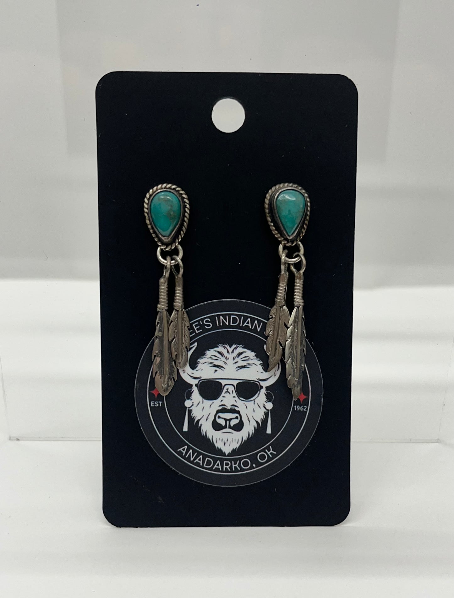 Green Turquoise and Sterling Silver Earrings with Feathers