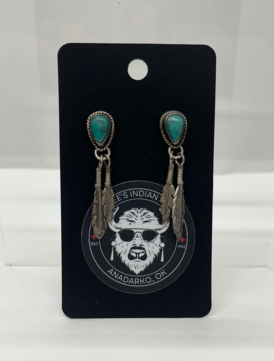 Green Turquoise and Sterling Silver Earrings with Feathers
