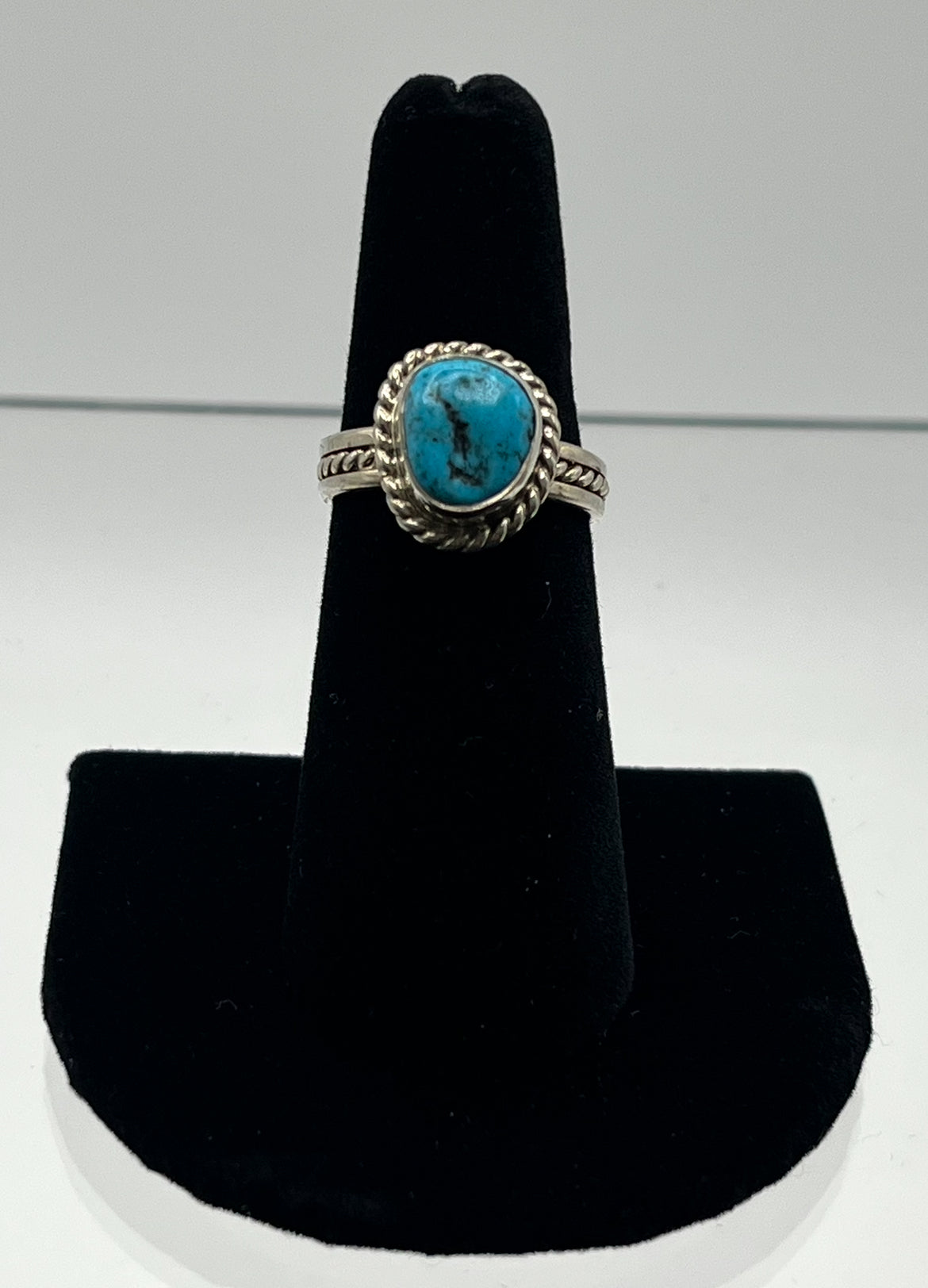 Small, Nugget Turquoise and Sterling Silver Ring with Rope Design Band; Size 7
