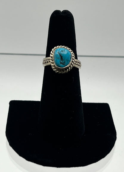 Small, Nugget Turquoise and Sterling Silver Ring with Rope Design Band; Size 7