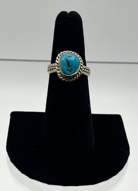 Small, Nugget Turquoise and Sterling Silver Ring with Rope Design Band; Size 7