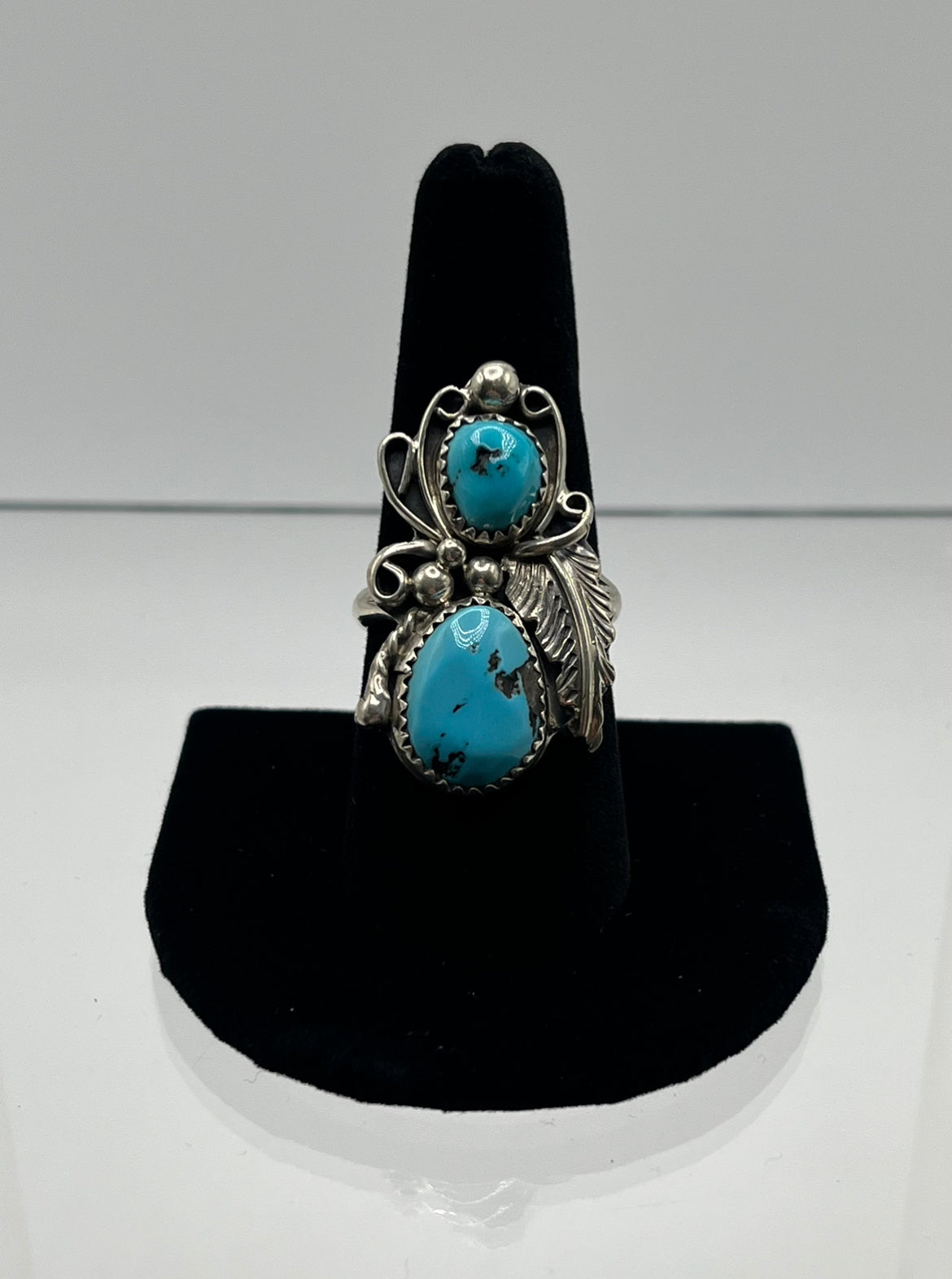 Double Stone, Blue Turquoise, Sterling Silver Ring with Feather Design; Size 9.5