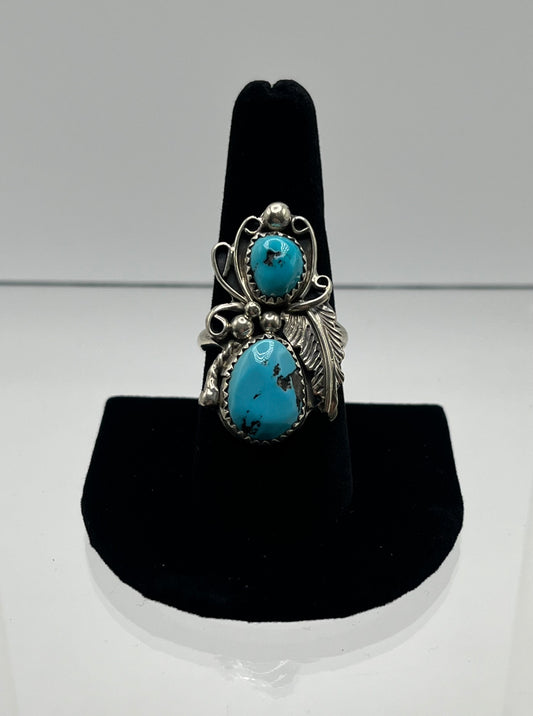 Double Stone, Blue Turquoise, Sterling Silver Ring with Feather Design; Size 9.5