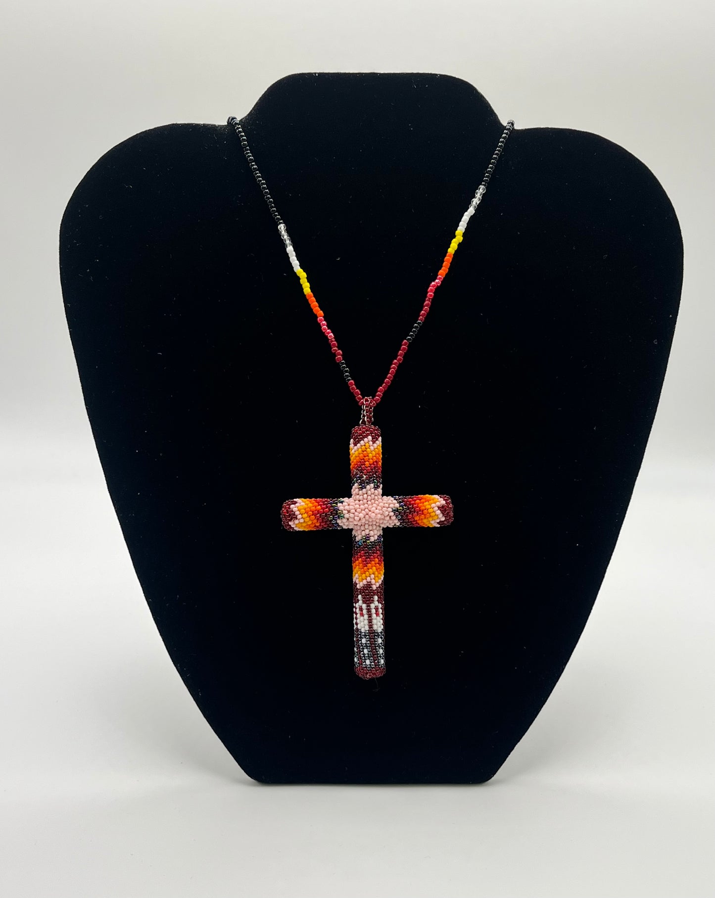 Beaded Cross; Maroon and Pink